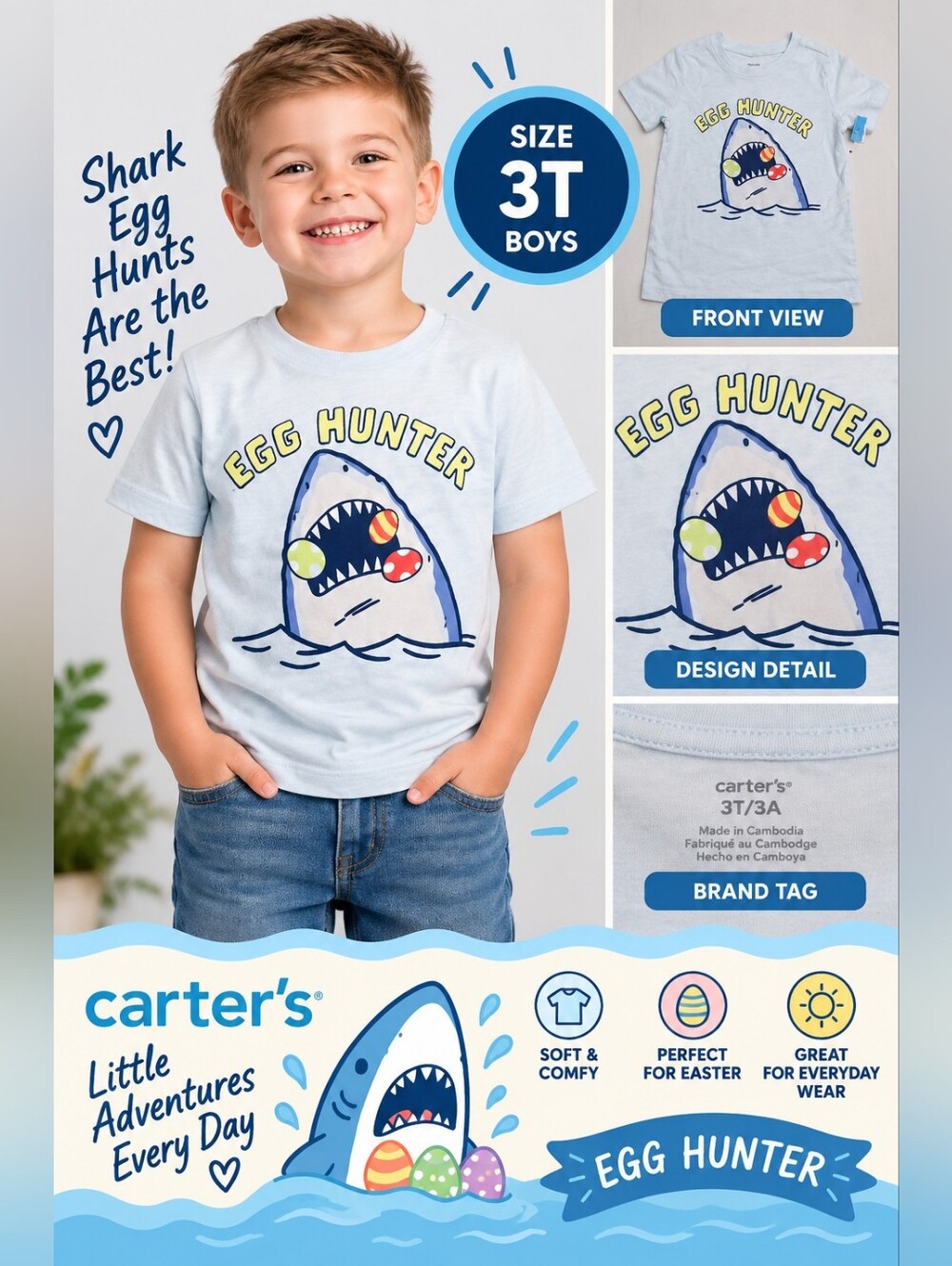 Carters boys 3T easter shark shirt #05